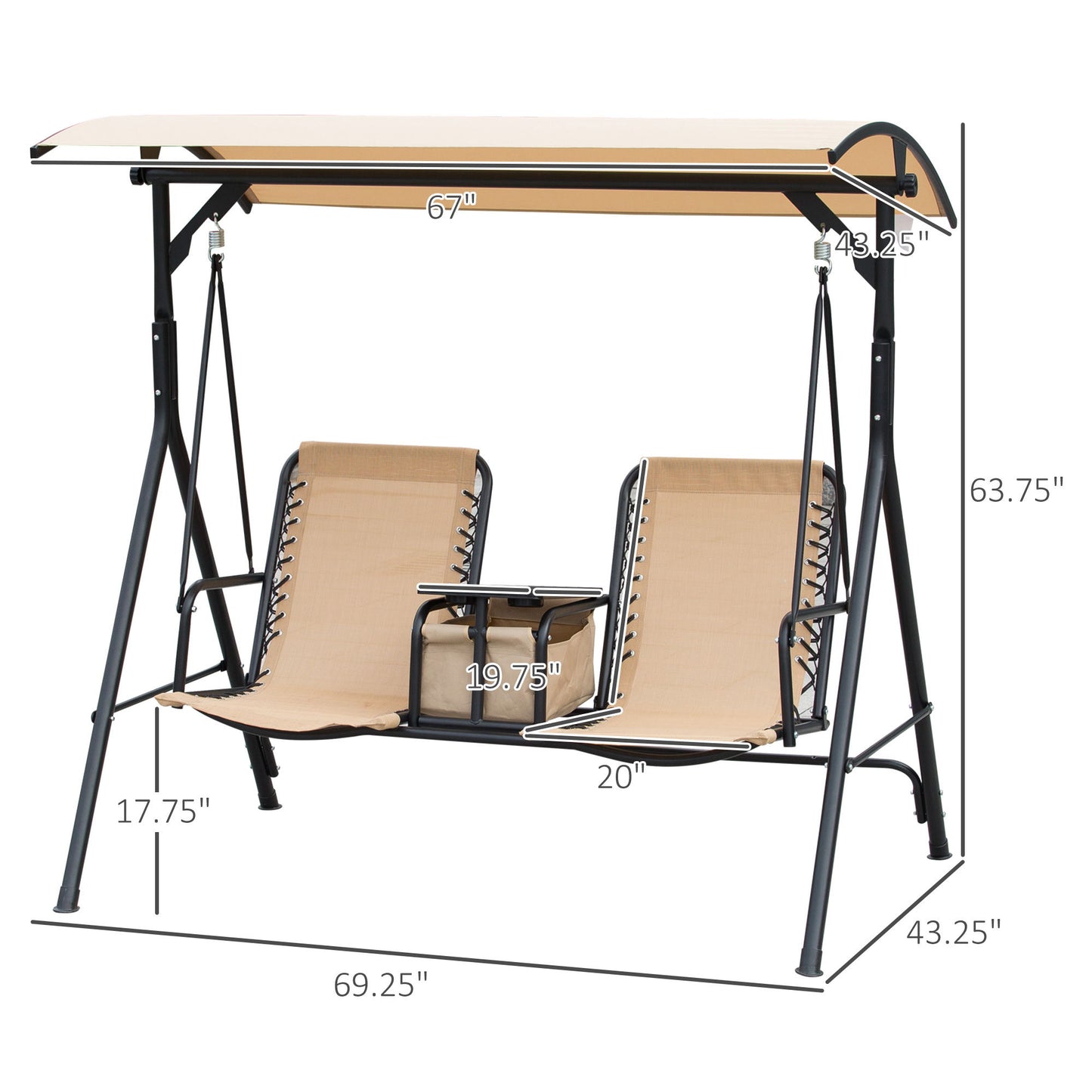 2 Person Covered Porch Swing Patio Swing with Pivot Storage Table, Cup Holder, & Adjustable Overhead Canopy, Beige