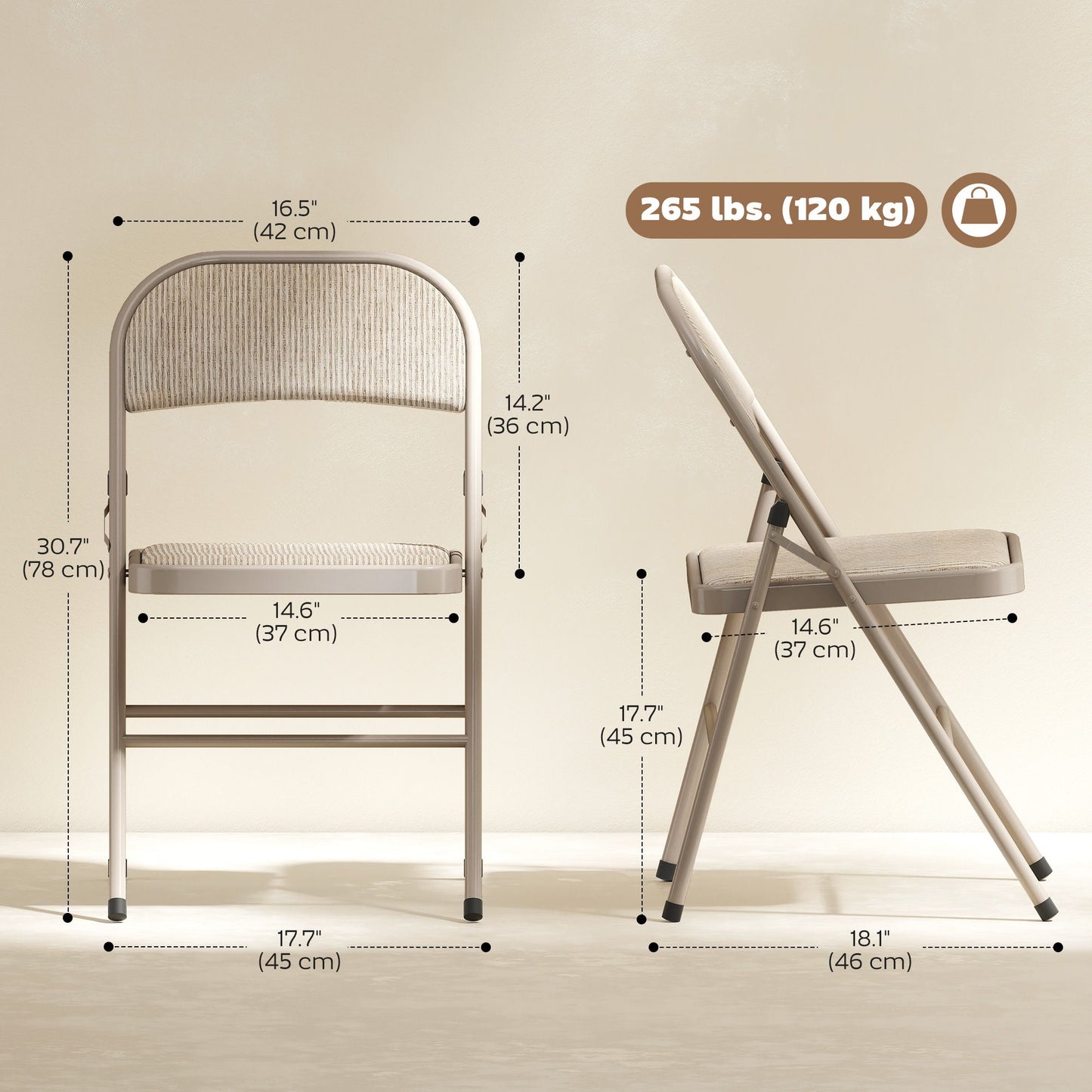 Set of 2 Metal Foldable Chairs, Faux Linen Padded Folding Chairs with Cushion Seat and Open Back for Indoor, Beige