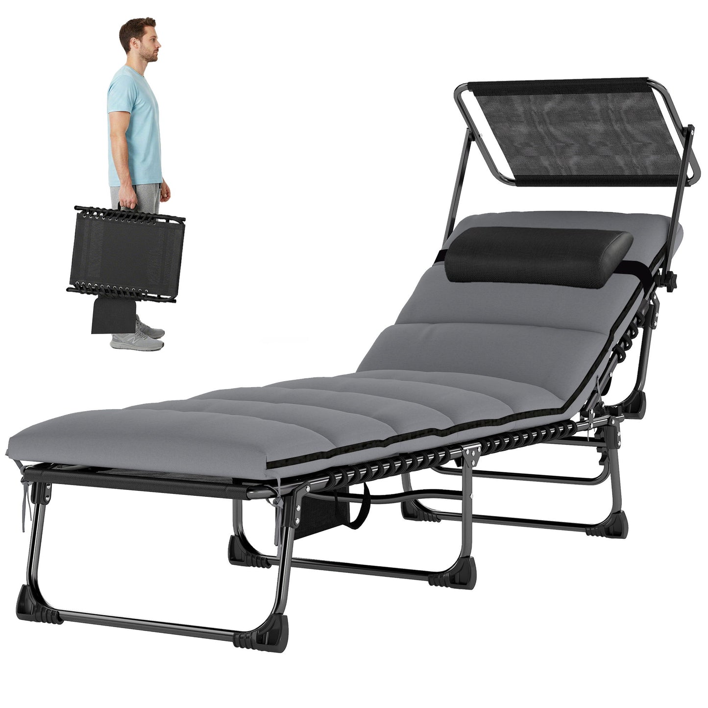 Lounge Chair Outdoor, Folding Chaise Lounge with 5-Level Adjustable Back, Cushion, Side Pocket and Headrest