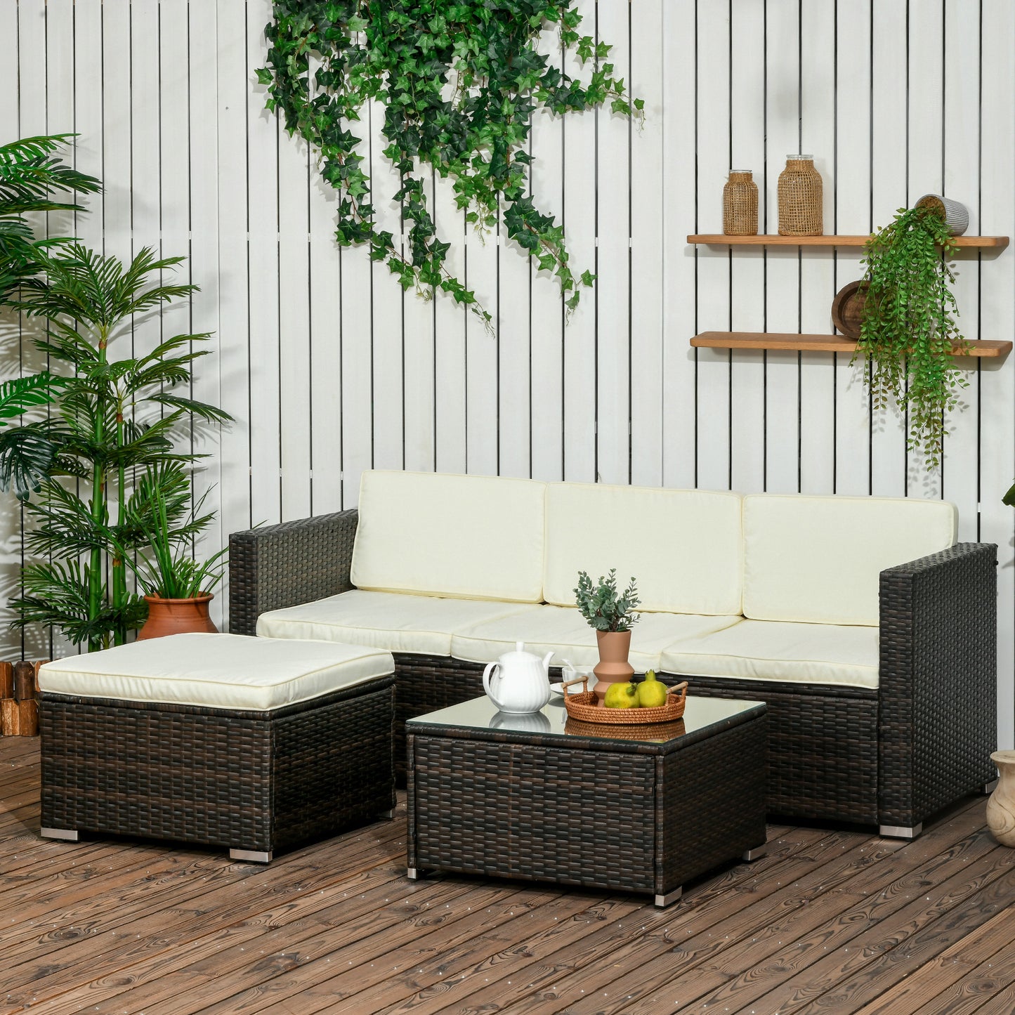 3 Pieces Patio Furniture Set with Cushions, Outdoor PE Rattan Wicker Conversation Corner Sofa Set with Glass Top Table and Adjustable Foot for Garden, Lawn, Cream White