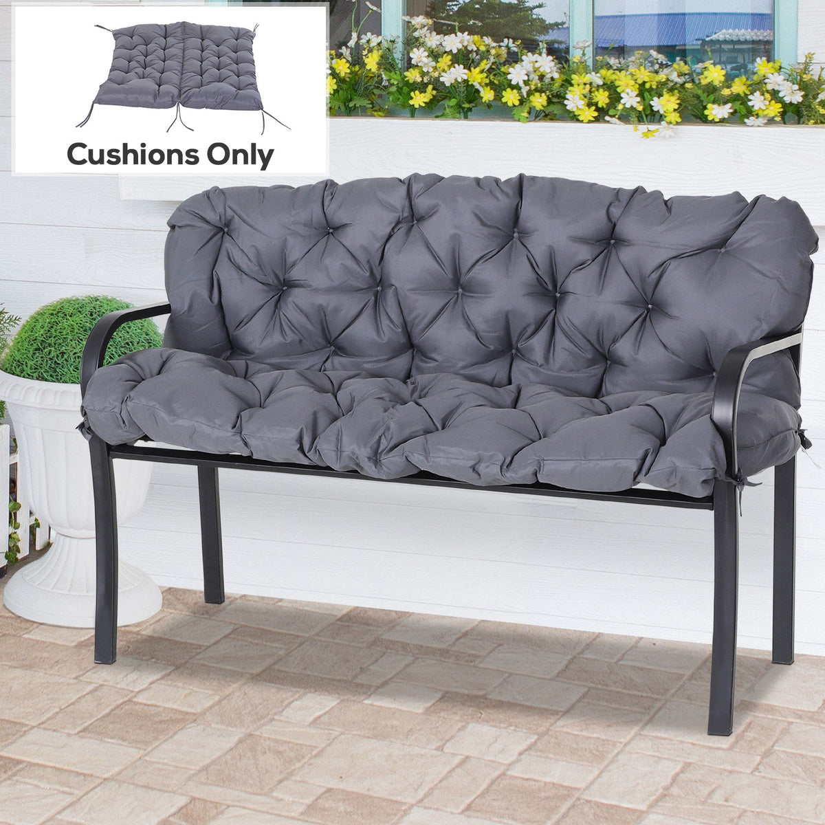 2 Seater Garden Bench Cushion, Soft Thick Outdoor Non-Slip 2 Seater Soft Pad With Backrest for Garden Patio, 52" x 43" x 4", Dark Grey