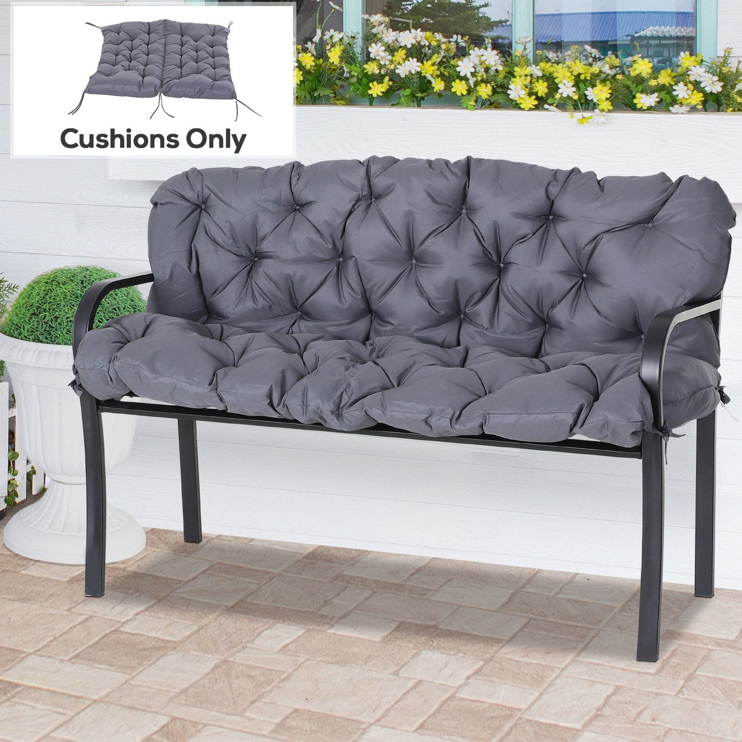 2 Seater Garden Bench Cushion, Soft Thick Outdoor Non-Slip 2 Seater Soft Pad With Backrest for Garden Patio, 52" x 43" x 4", Dark Grey