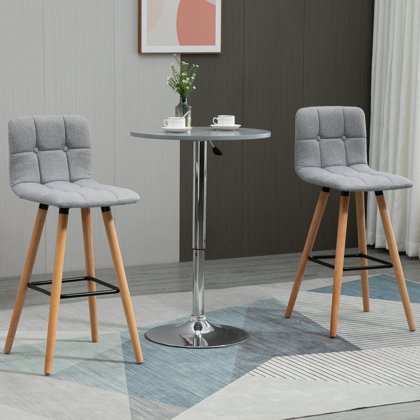Modern Bar Stools Set of 2, 38" Upholstered Kitchen Island Stool with Solid Wood Legs, Grey