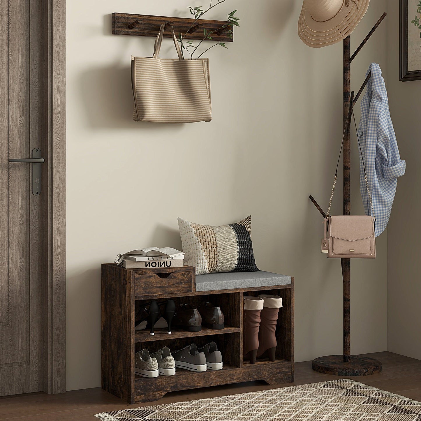 Upholstered Shoe Storage Bench with Drawer - Rustic Brown