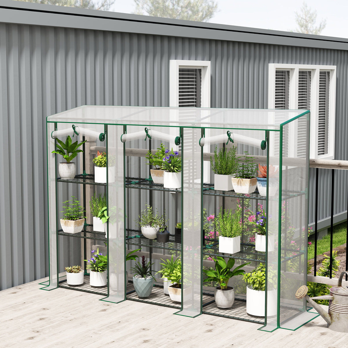 Lean-to Greenhouse with 3 Tier Shelves, Mini Greenhouse with 3 Roll-Up Doors for Indoor Outdoor, White