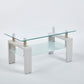 Tempered Glass Coffee Table with Geometric Design, Metal Tubular Legs, Durable Centre Desk for Living Room, 35" L x 19" W x 16.5" H, White
