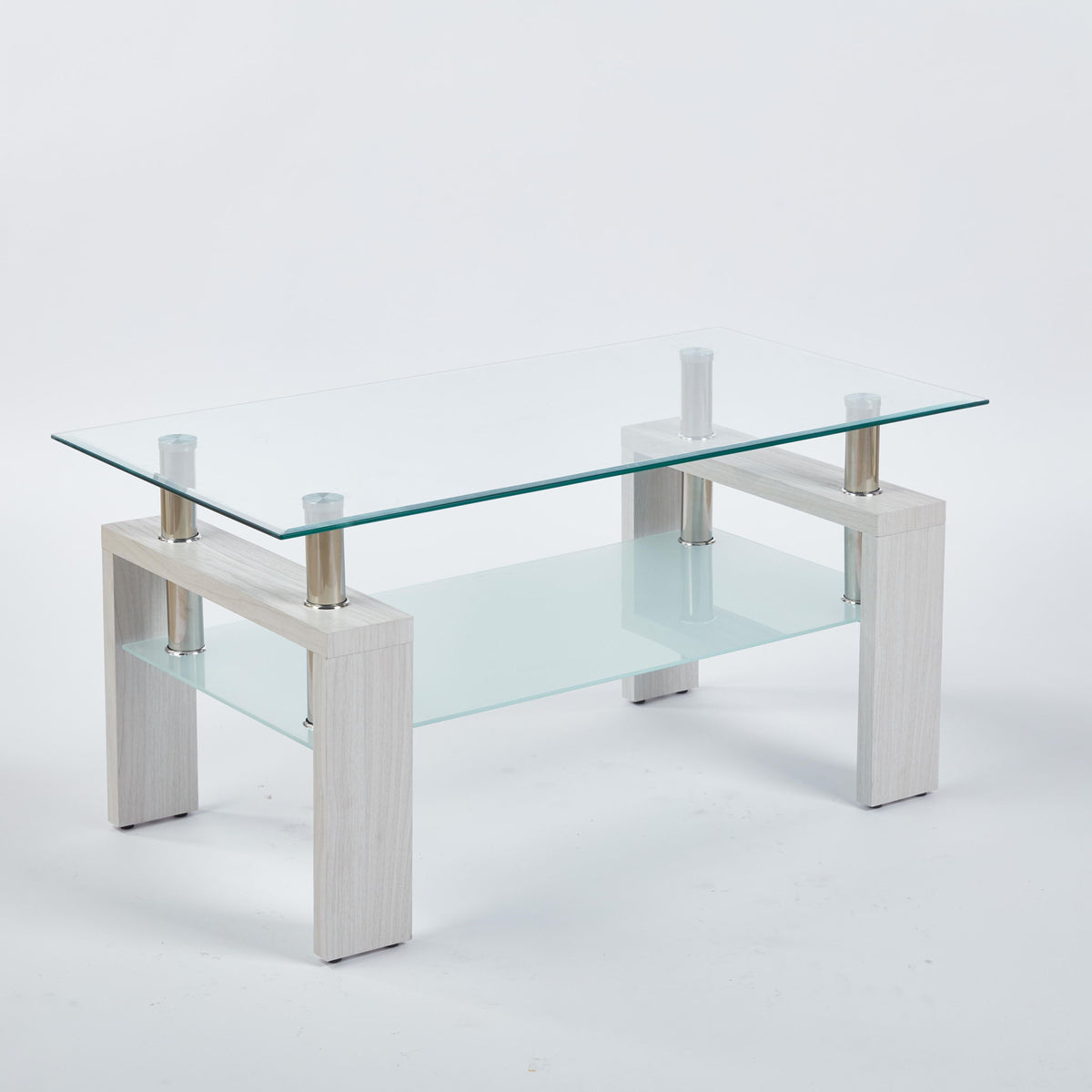 Tempered Glass Coffee Table with Geometric Design, Metal Tubular Legs, Durable Centre Desk for Living Room, 35" L x 19" W x 16.5" H, White