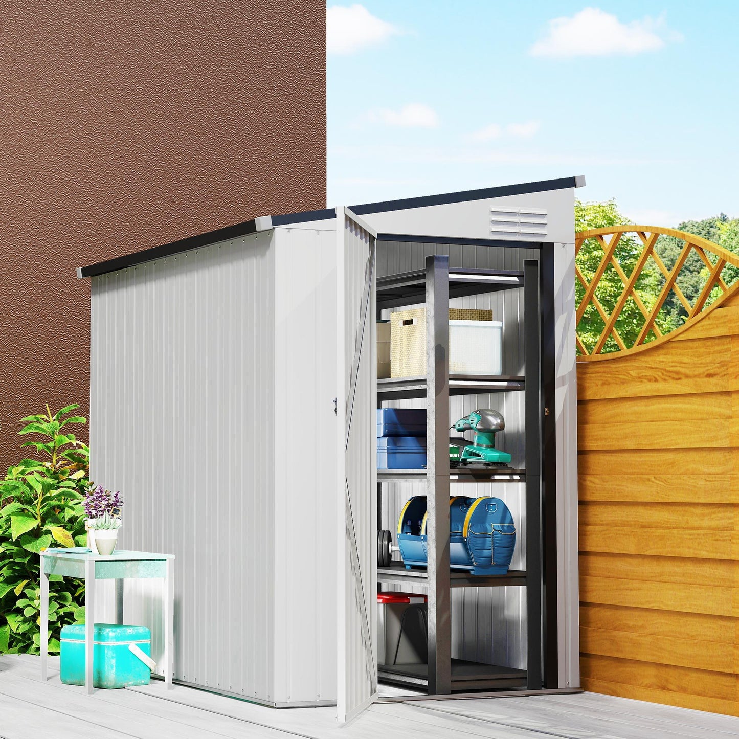 4.3' x 6.3' Outdoor Storage Shed Lean to Shed Outdoor Metal Tool Shed with Lockable Door and Air Vents, White