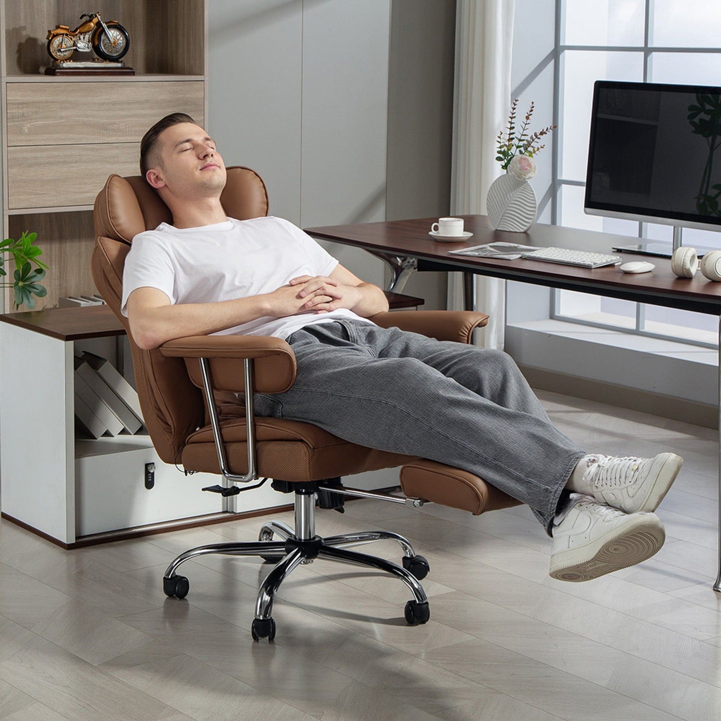 Executive Massage Office Chair with Footrest - Brown