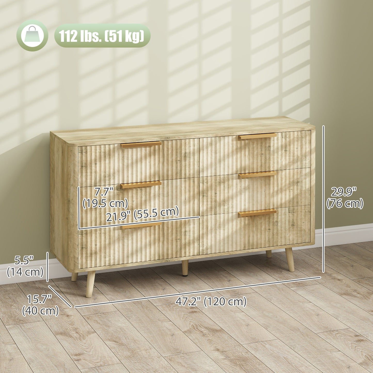 Fluted 6-Drawer Dresser with Pine Legs - Oak