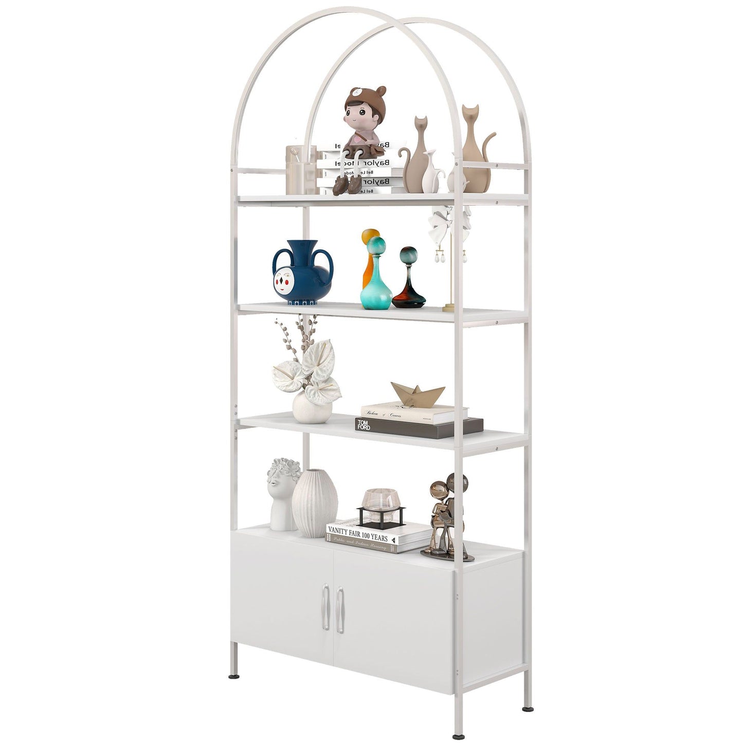 4-Tier Arched Bookshelf with Cabinet - White