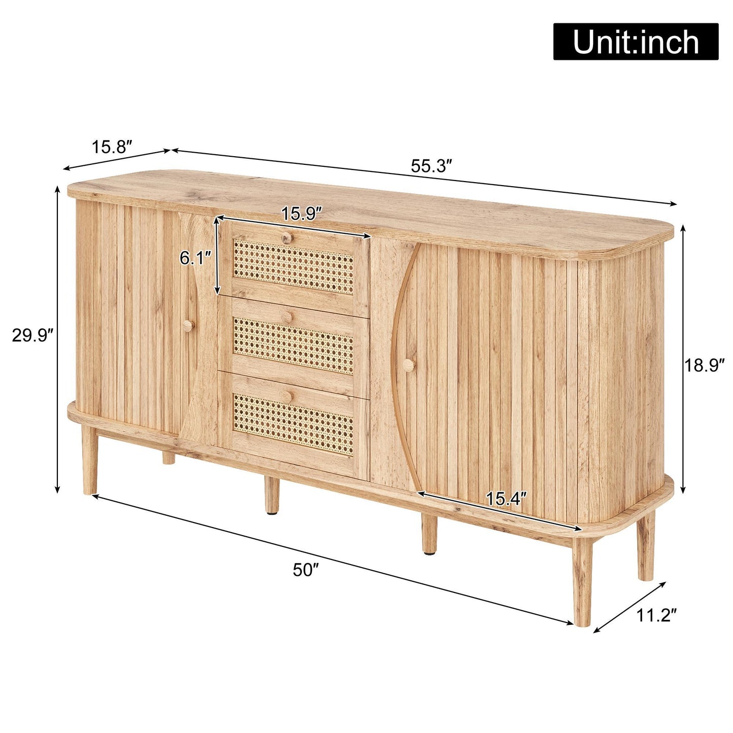 Versatile Sideboard with 3 Drawers, 2 Doors and Adjustable Shelves, Stylish Cabinet for Living or Dining Room,55.5'' L x 16'' W x 30'' H, Wood