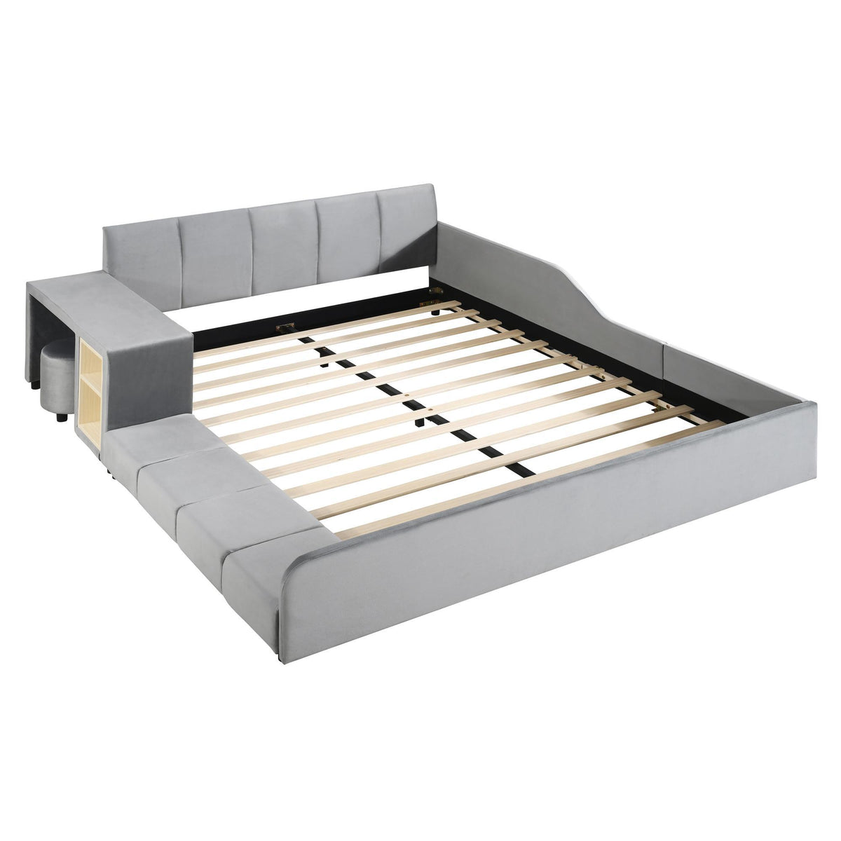 Queen Size Upholstered Bed with Built-In Bedside Desk and Round Stool, Solid Bedboard with Sturdy MDF Frame, 85'' L x 73'' W x 29'' H, Gray