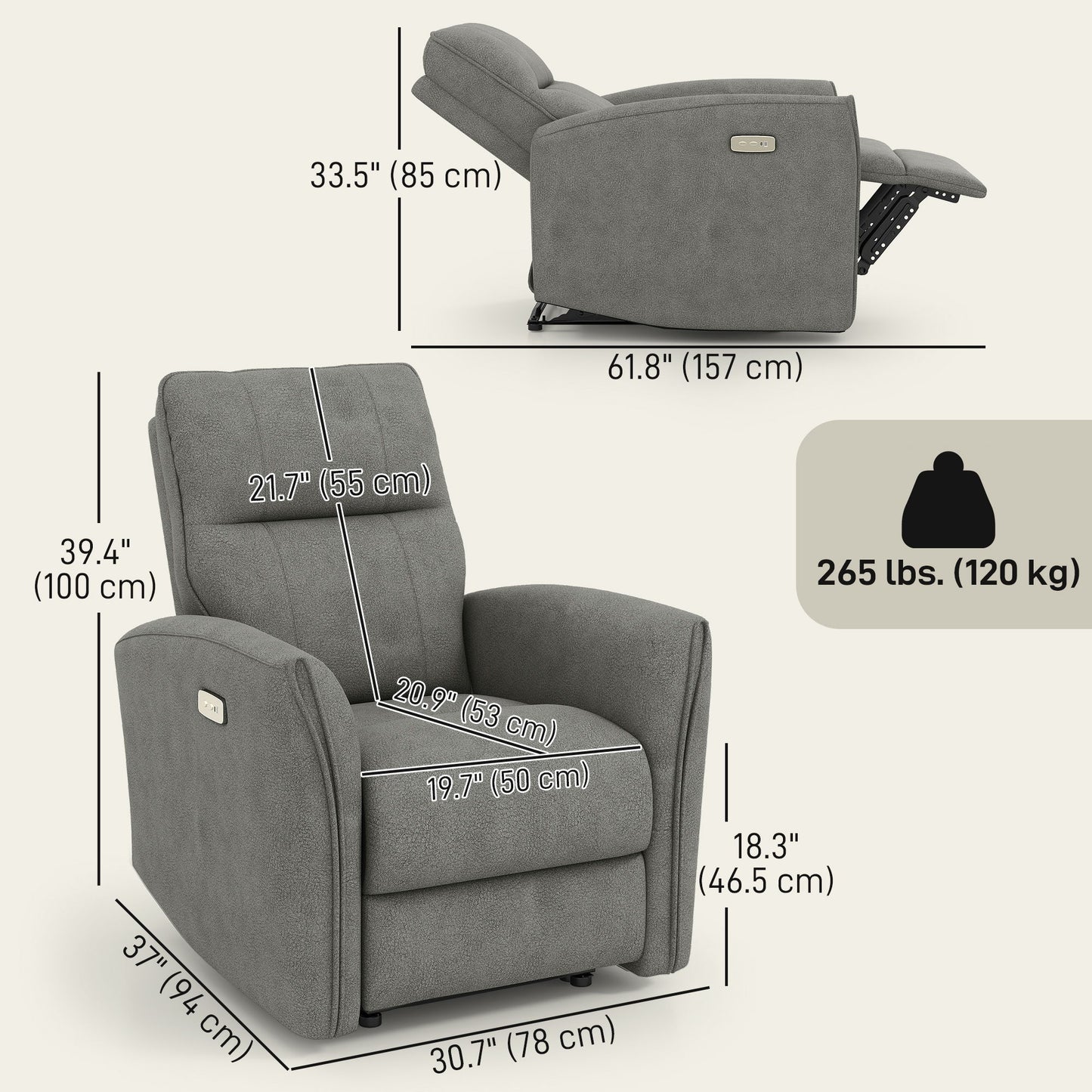 Power Recliner Chair, Fabric Upholstered Recliner Chair with USB Ports, Footrest, Grey