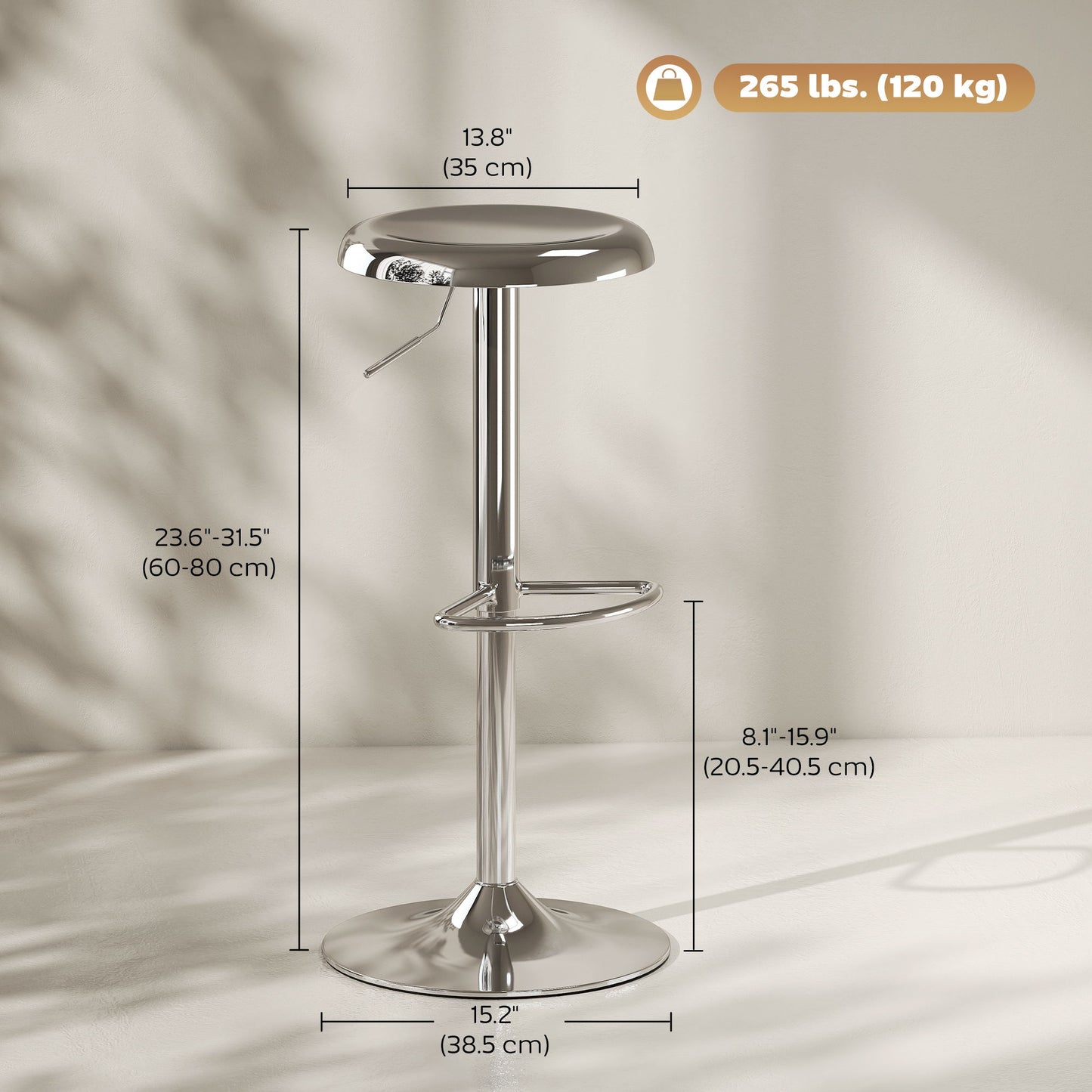Steel Bar Stools Set of 2, Adjustable Counter Height Round Breakfast Barstools, Industrial Swivel Bar Chairs, Silver