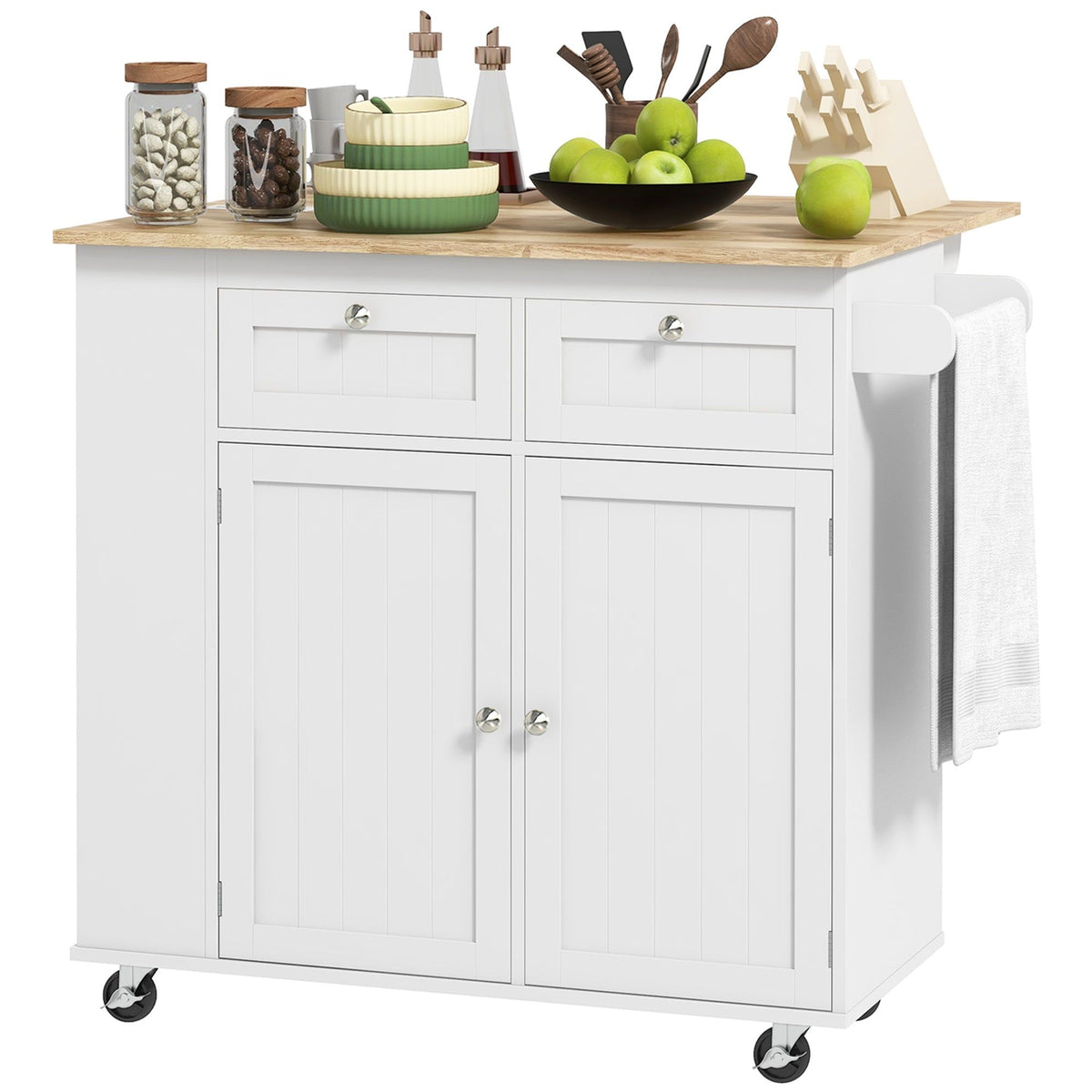 Kitchen Island with Power Outlet and Drop Leaf - White