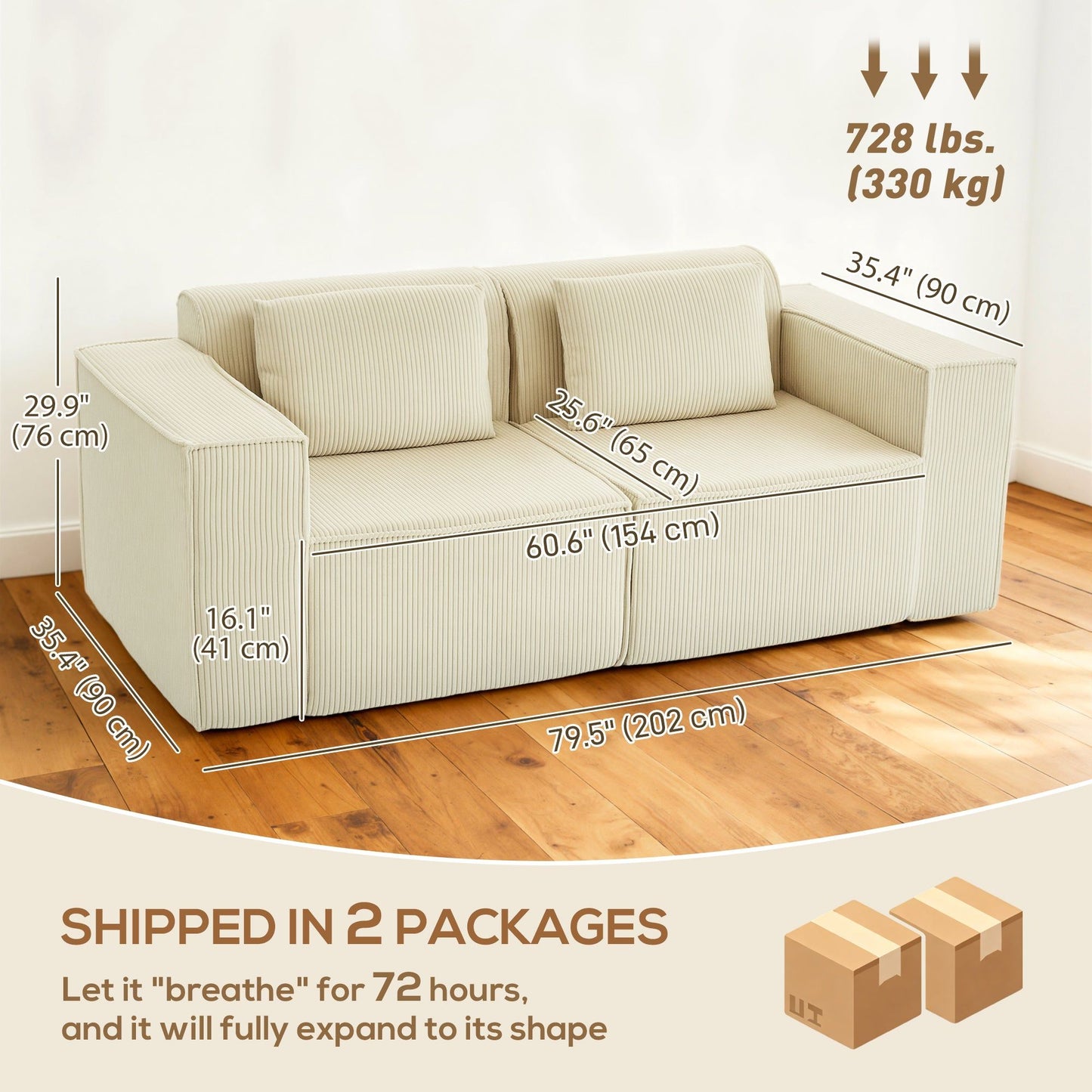 Corduroy 3-Seater Boneless Sofa - Beige