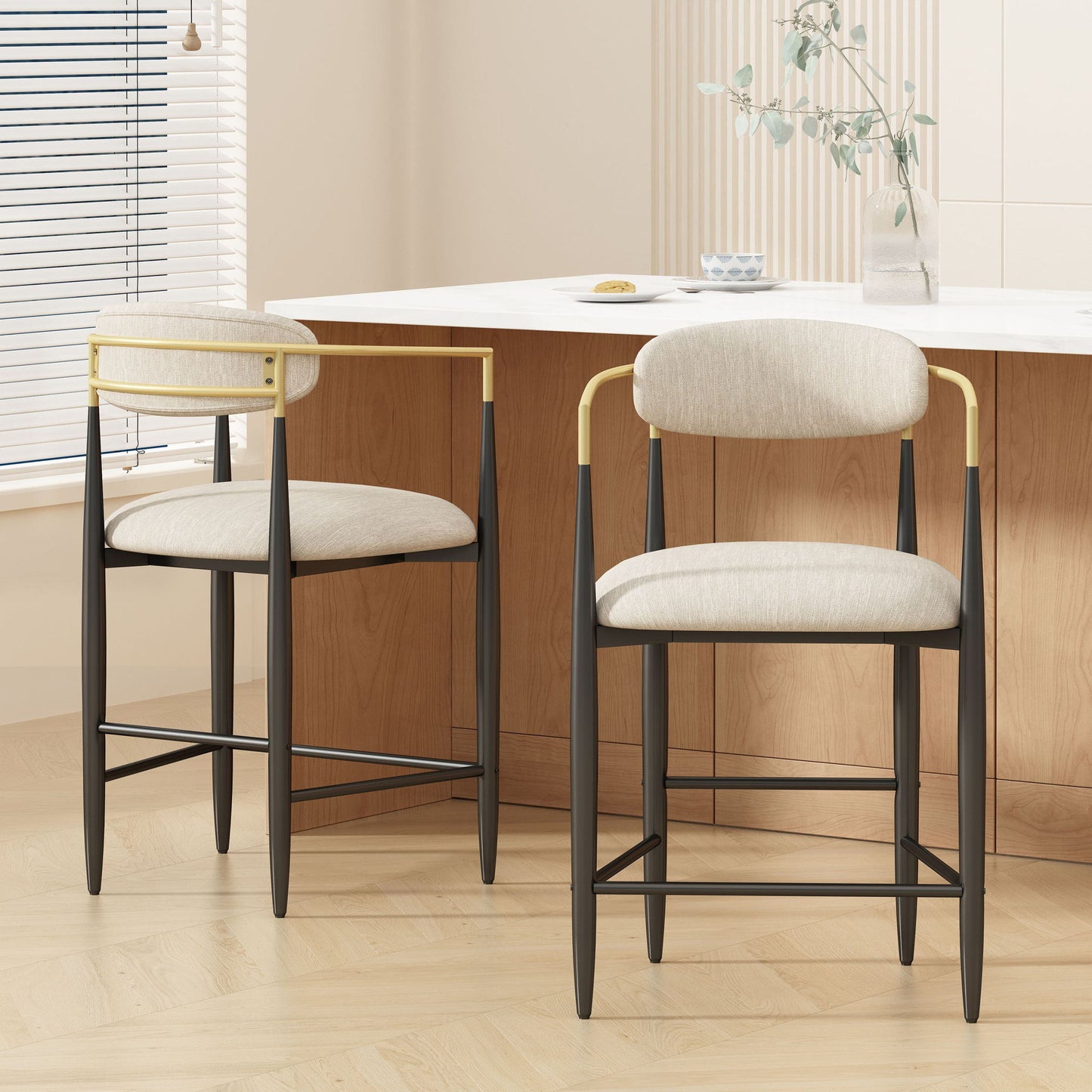 Set of 2 Modern Counter Stools with Iron Frame and Gold Accents, Chairs for Kitchen Island and Dining Room, 23" L x 22" W x 37.5" H, Beige