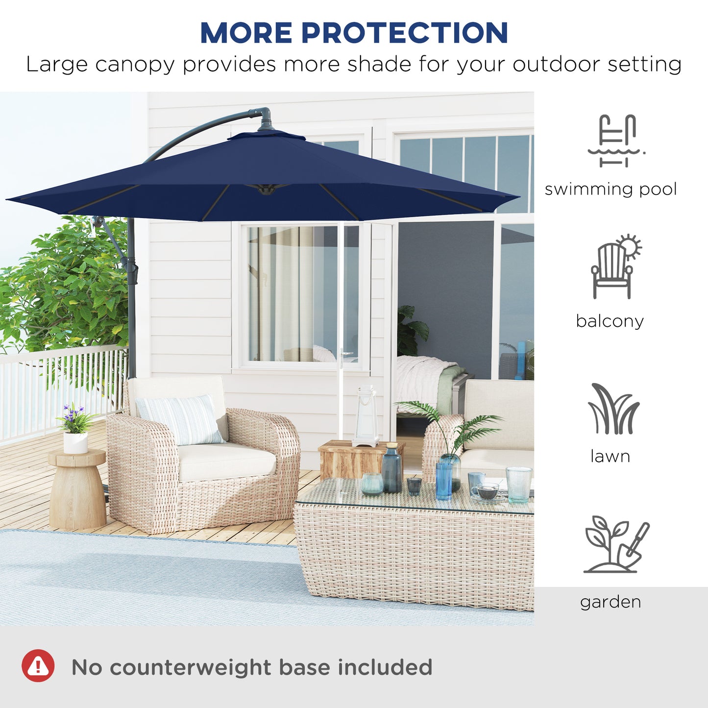 10' Deluxe Patio Umbrella, Outdoor Market Parasol, Banana Hanging Offset Sunshade with Crank, Cross Base, Navy Blue