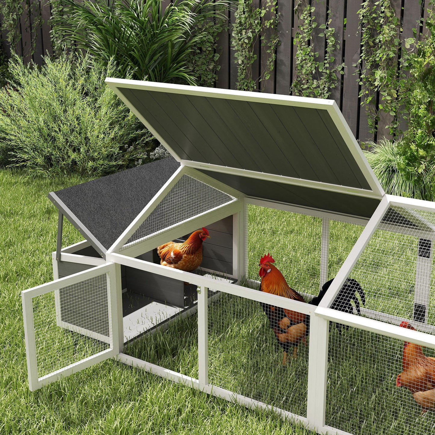 95"L Chicken Run Large Chicken Coop with Nesting Box Wooden Roof Side Door for Outdoor 4–8 Chickens