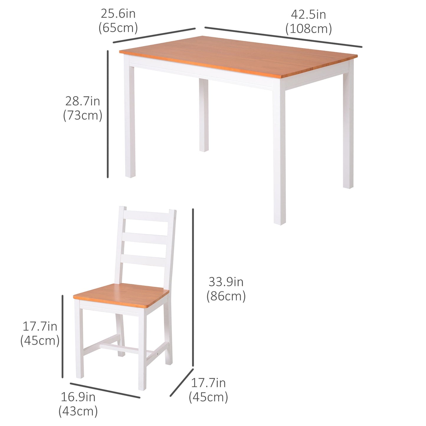 Dining Table Set for 4, 5 Piece Pine Wood Kitchen Table with High Back Chairs, Rectangular Table and 4 Armless Chair, White and Natural Wood
