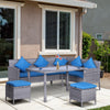 5 Pieces Wicker Patio Conversation Dining Furniture Set with Cushions, Table and Ottomans, Bright Blue