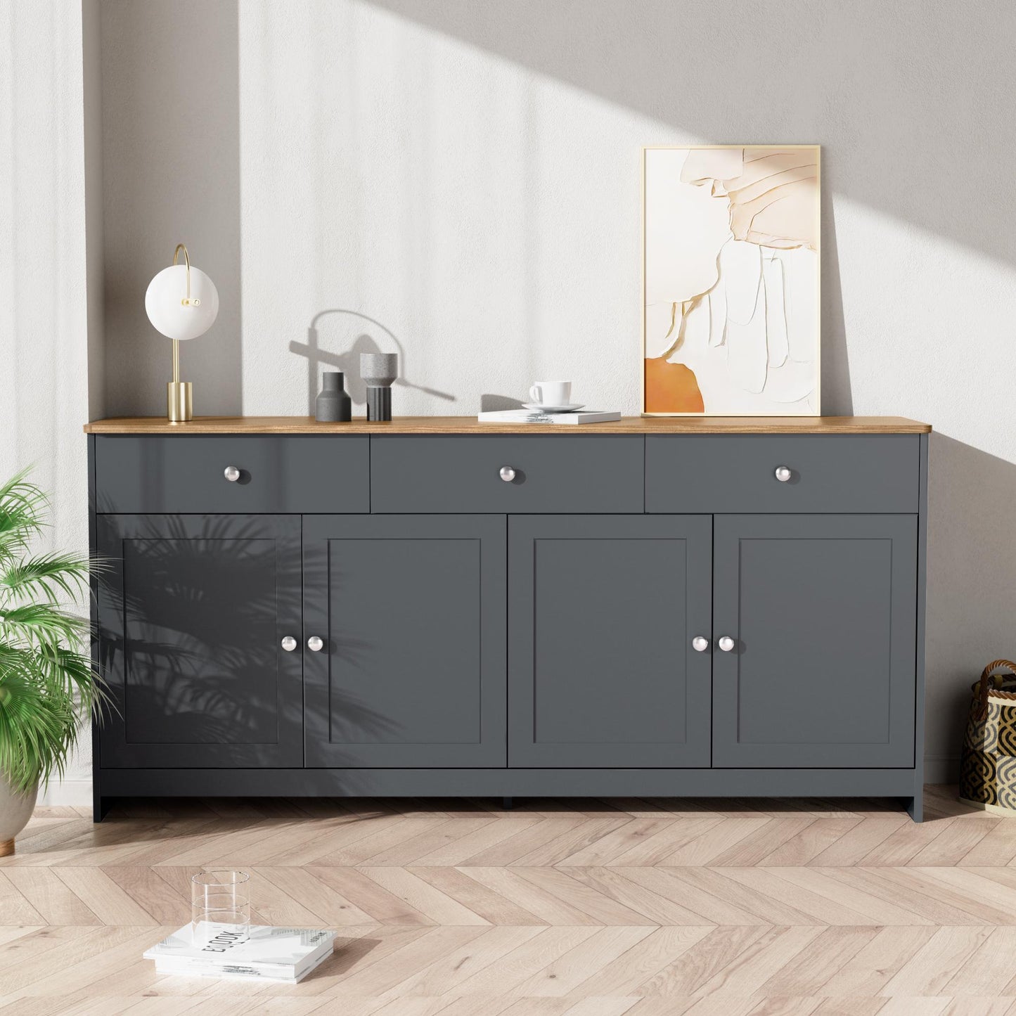 Modern Sideboard Buffet Cabinet with 3 Drawers & 4 Doors, Rustic Storage with Adjustable Shelves, 55'' L x 14.5'' W x 29.5'' H, Gray+Wood