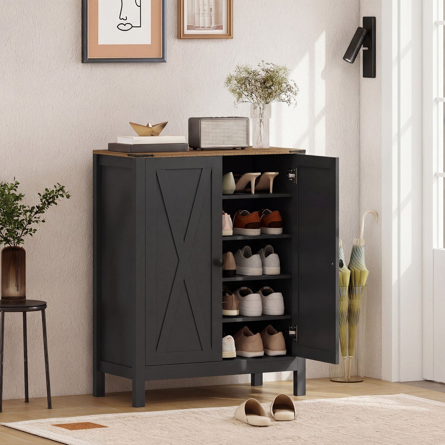 Shoe Cabinet with Barn Doors, Farmhouse Shoe Storage Cabinet with Adjustable Shelves, Holds up to 15 Pairs, Black