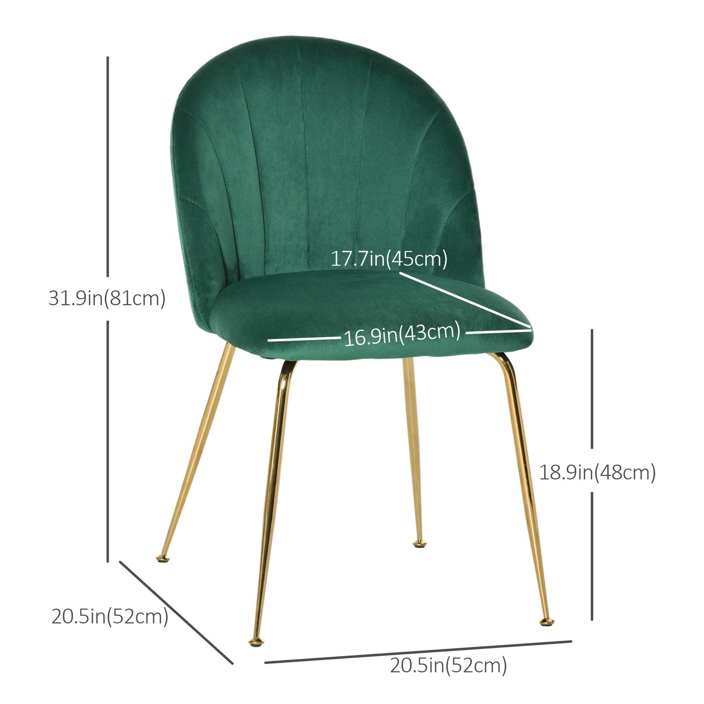 Modern Dining Chairs Set of 2, Upholstered Kitchen Chairs, Accent Chair with Gold Metal Legs for Kitchen, Dining Room, Green