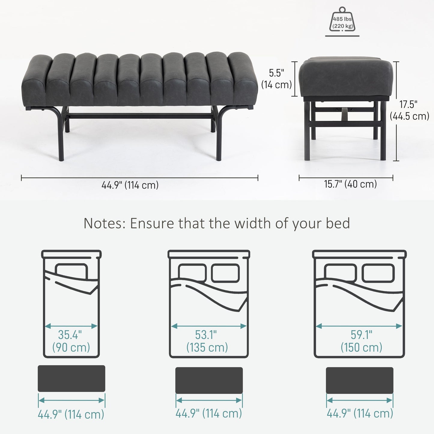 Bedroom Bench PU Leather End of Bed Bench with Cylindrical Seat and Metal Legs for Bedroom Living Room Hallway Black