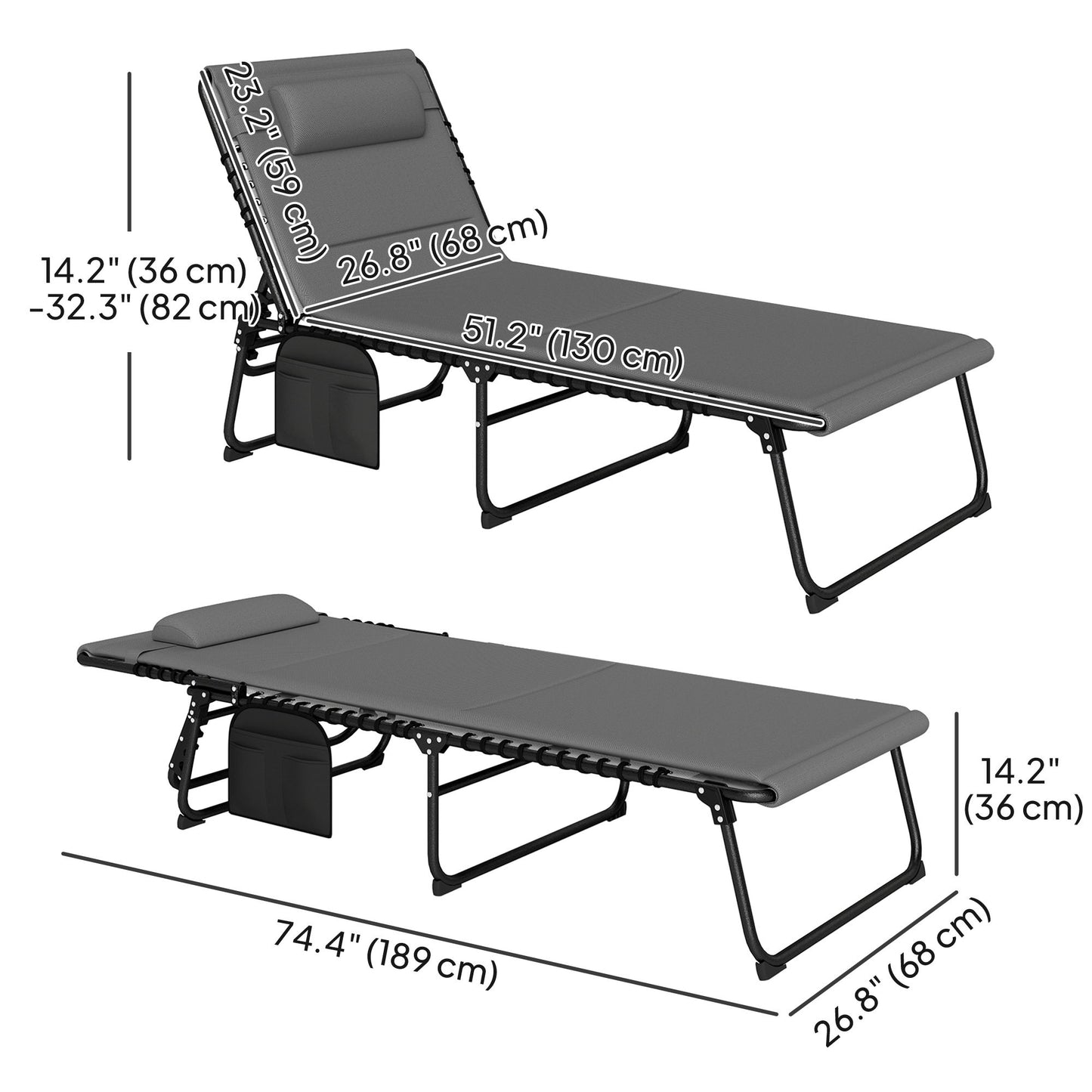 Folding Chaise Lounge Chair Set of 2, Reclining Outdoor Lounge Chair Set with Quick Drying Pad Headrest Side Pocket, Tanning Chair Set for Beach Garden Pool, Light Grey