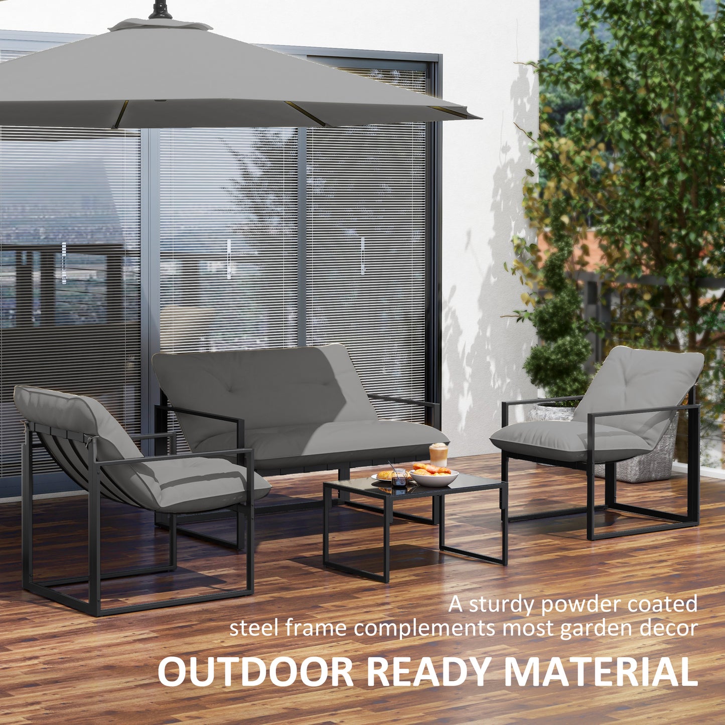 4 Piece Outdoor Furniture Set, Patio Conversation Set with Tempered Glass Table, Loveseat, Chairs, Cushions, Light Grey