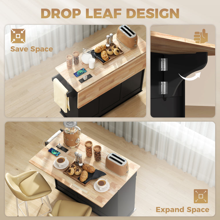 Rolling Kitchen Island with Drop Leaf and Charging Station