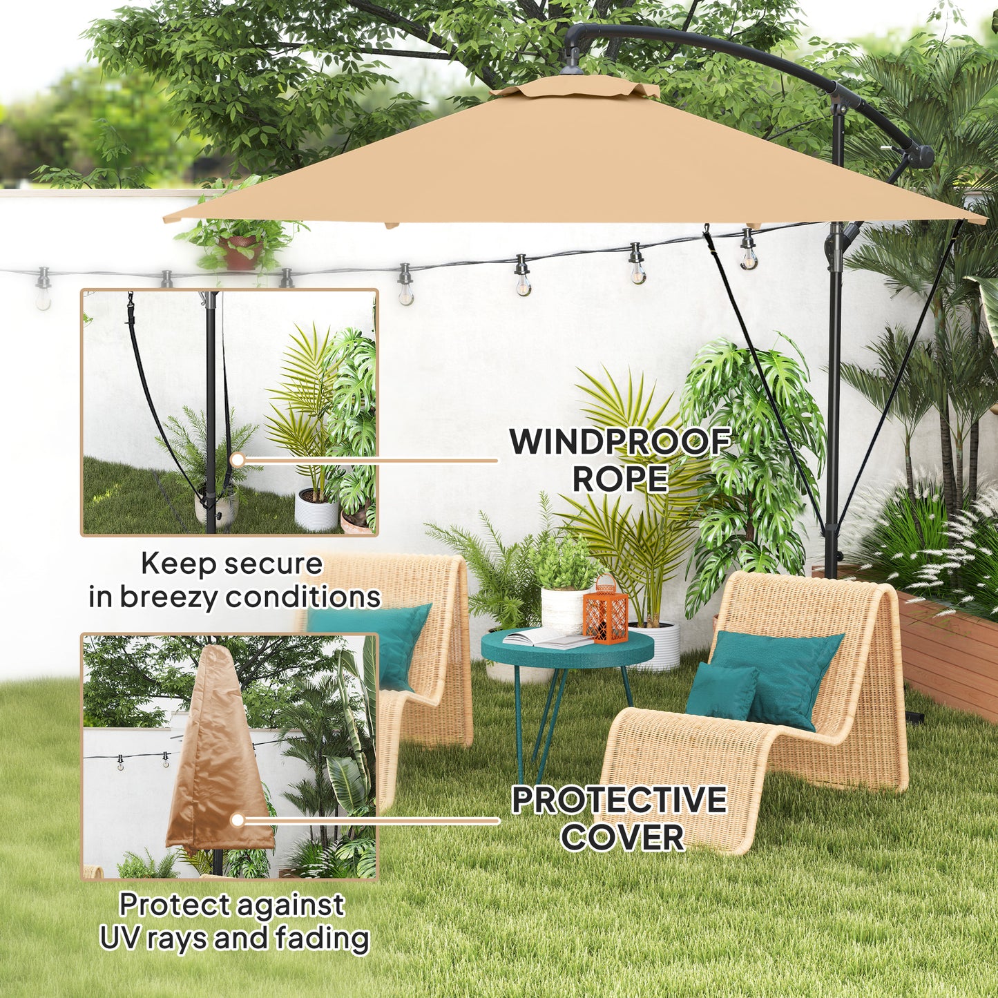 9.5' Khaki Cantilever Umbrella with Wind Protection Strap
