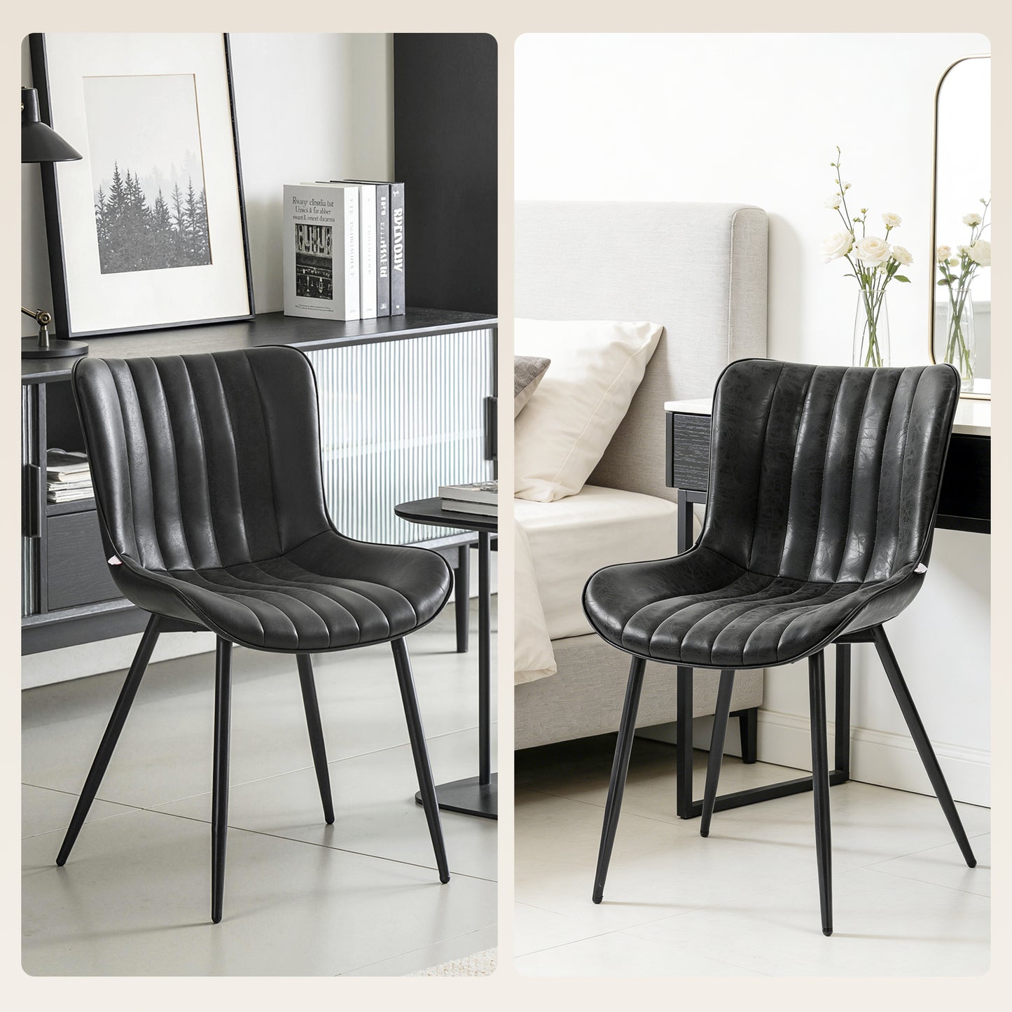 Dining Chairs Set of 2, PU Leather Upholstered Kitchen Chairs with Backrest and Steel Legs, Black