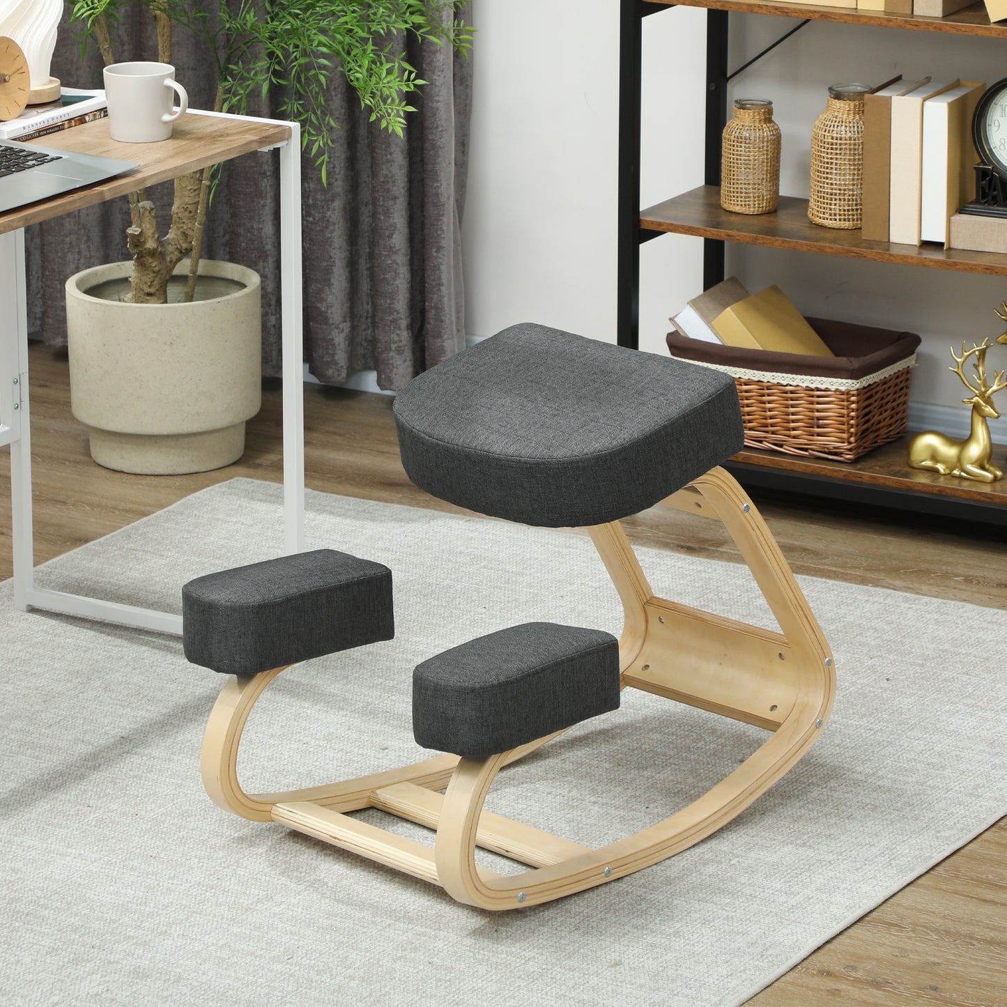 Ergonomic Kneeling Chair, Wood Kneel Stool with Thick Pads, Desk Knee Chair, Improve Posture, Dark Grey