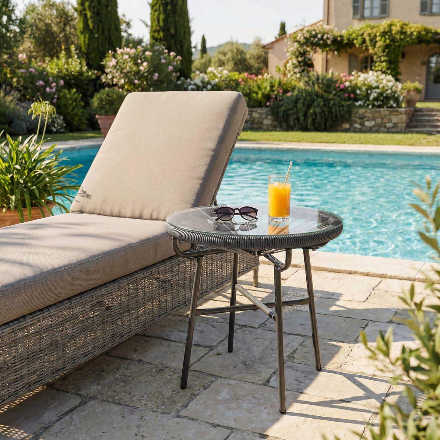 Rattan Side Table, Round Outdoor Table, with Round PE Rattan and Tempered Glass Table Top for Patio, Garden, Dark Grey