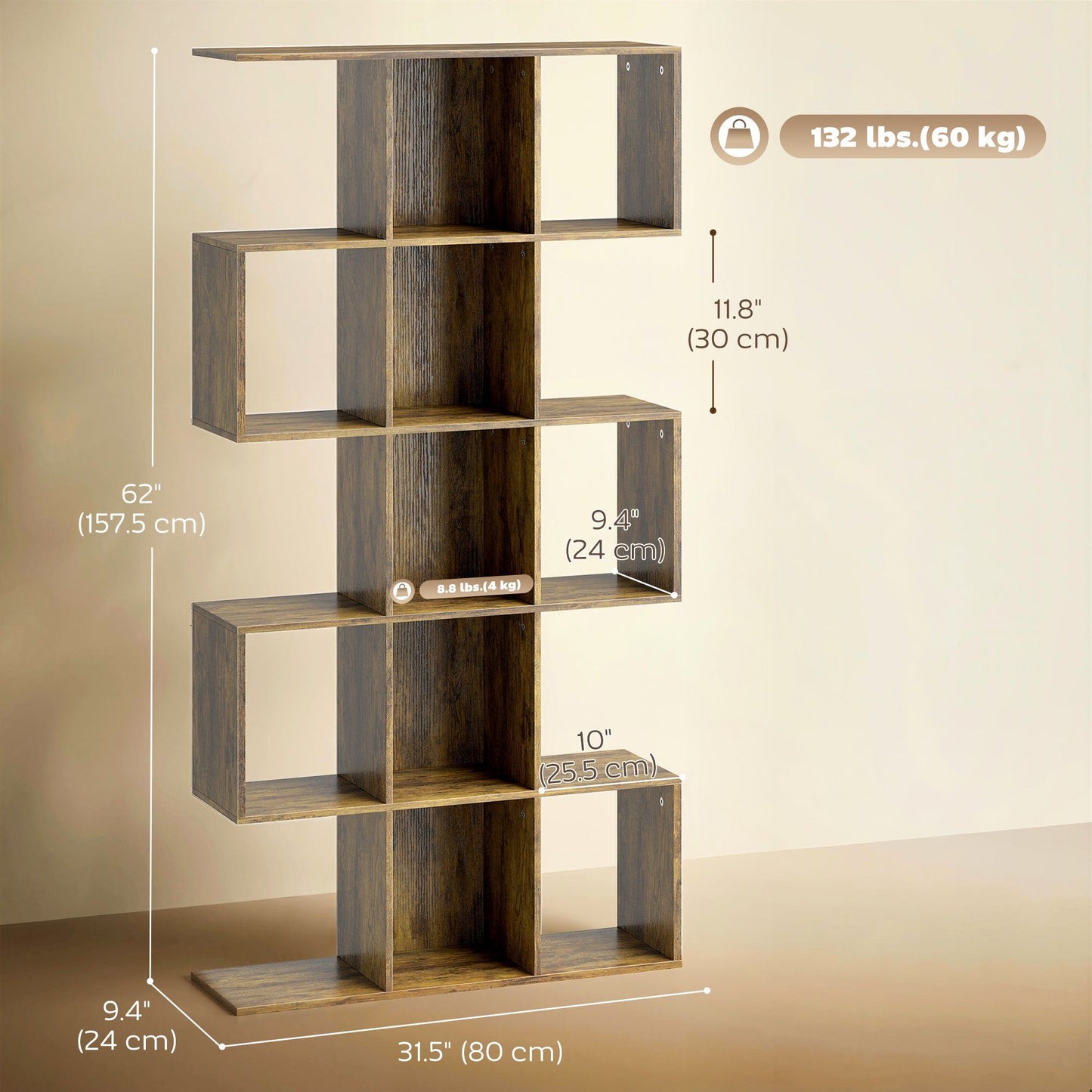 5-Tier S-Shaped Geometric Bookshelf - Rustic Brown
