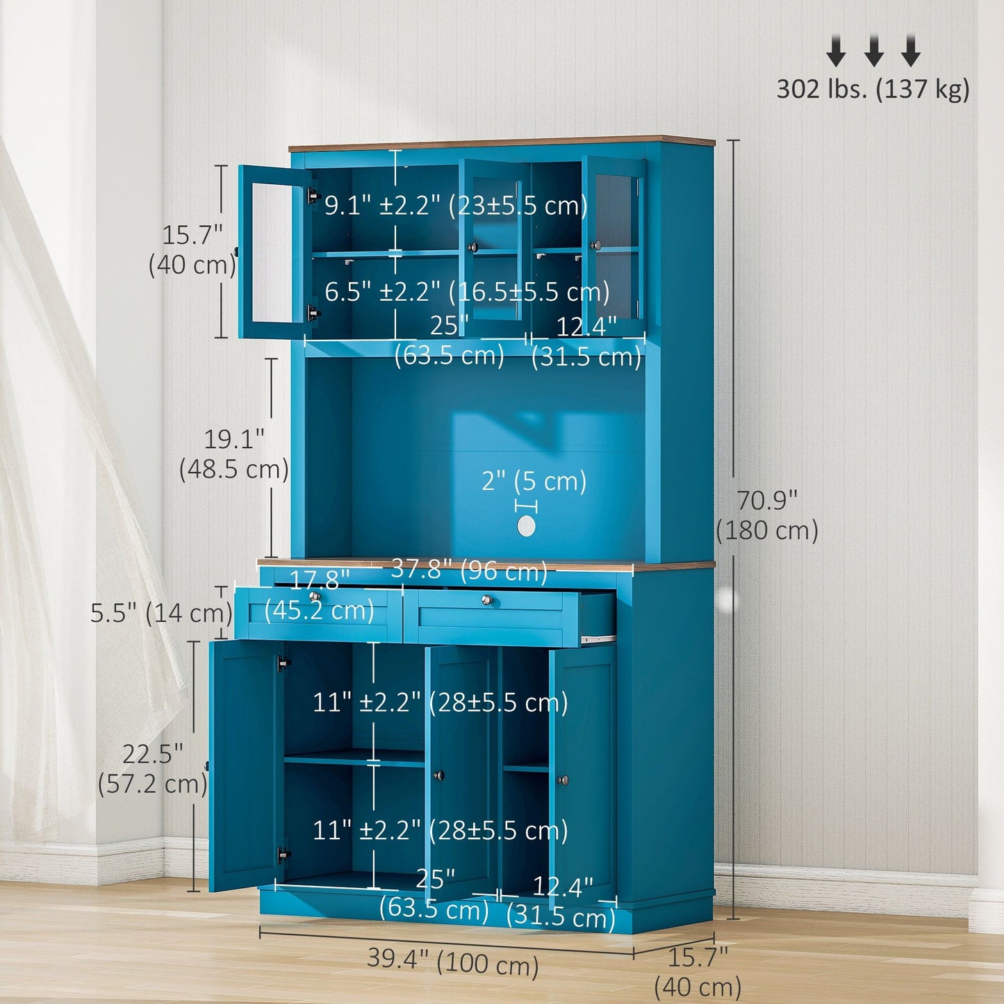 71" Pantry Cabinet with Hutch & Glass Doors - Navy Blue