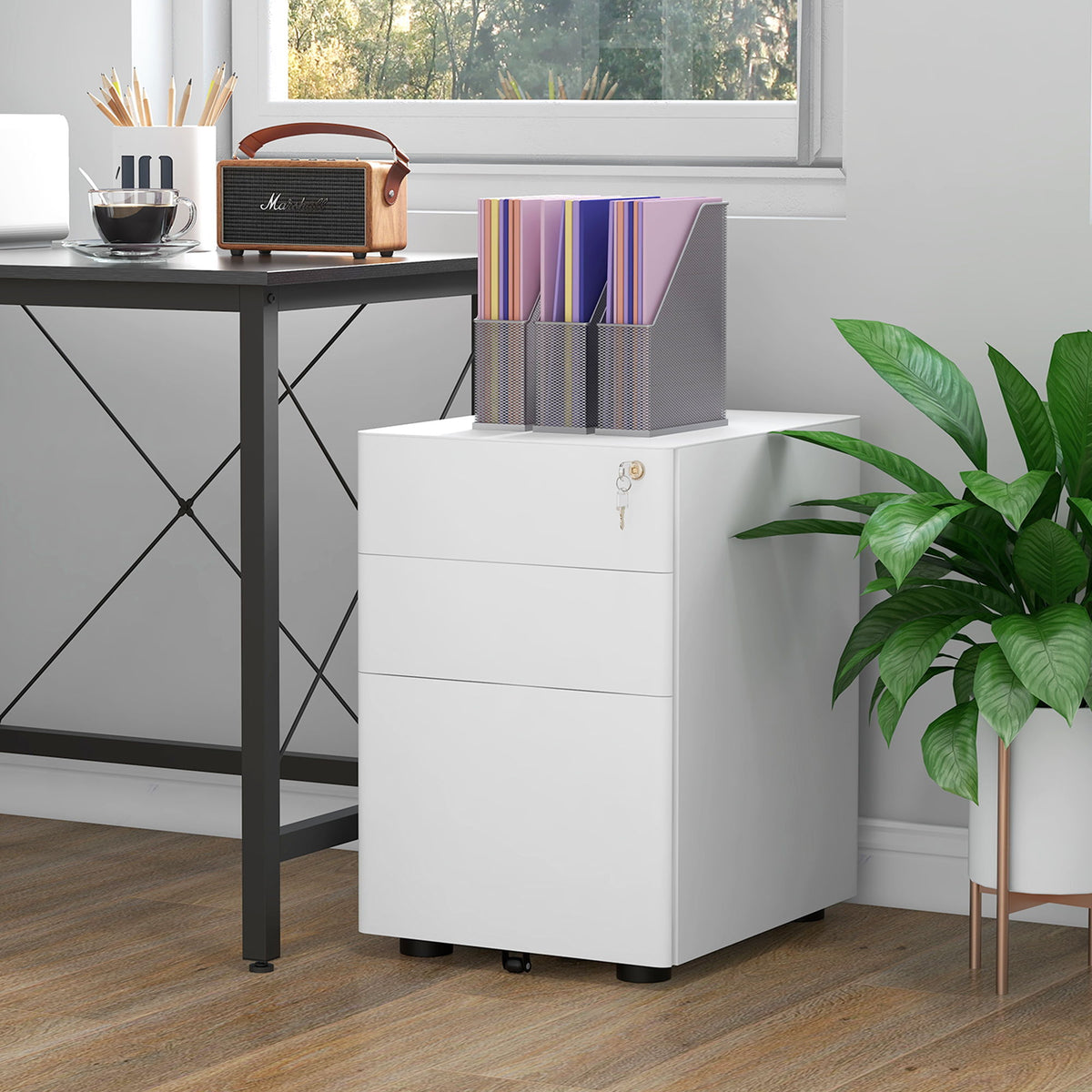 3 Drawer Filing Cabinet, Steel Home Office Storage Cabinet with Wheels, Lock for A4, Letters, Legal-sized Files, White