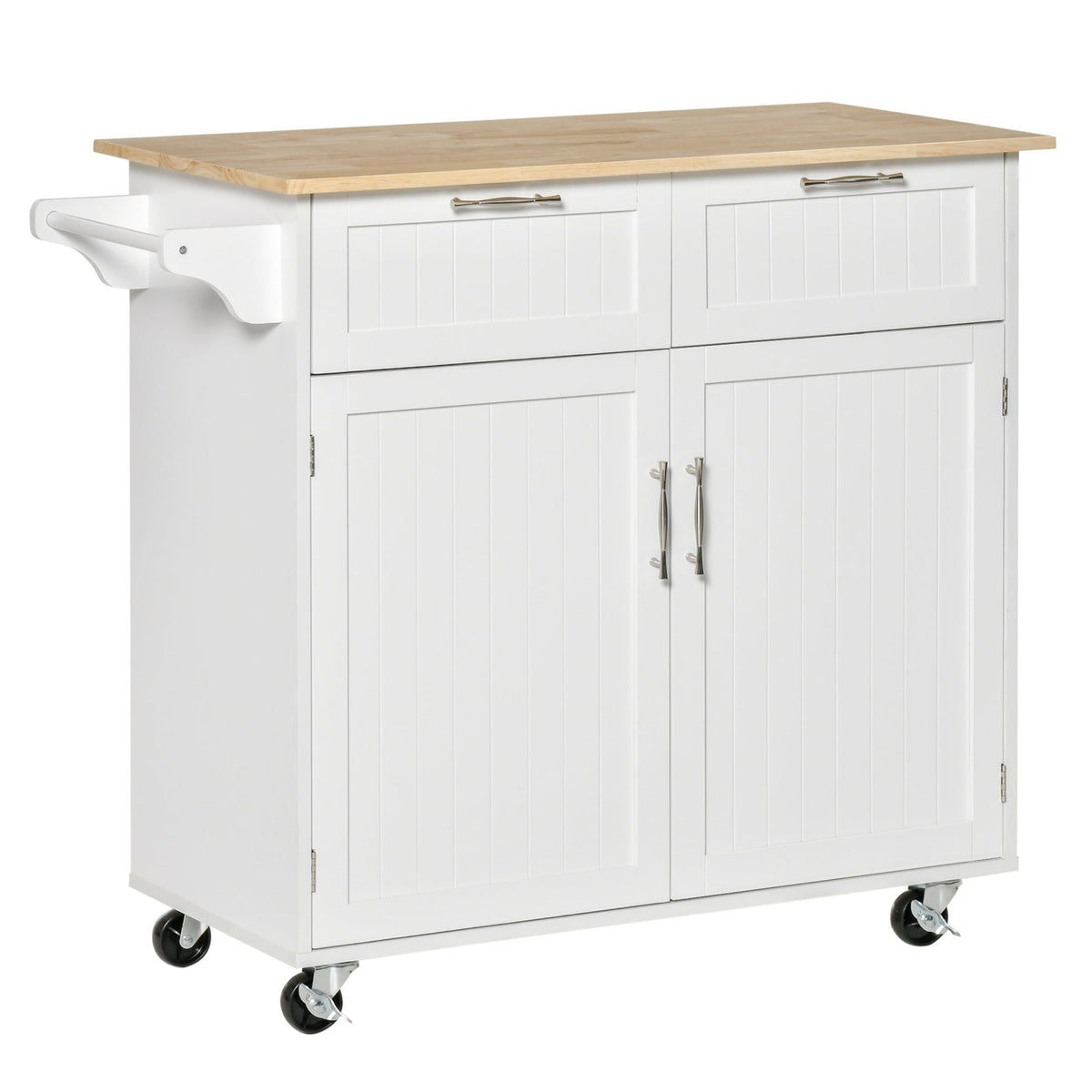 Rolling Kitchen Island with Wood Top and Drawers - White