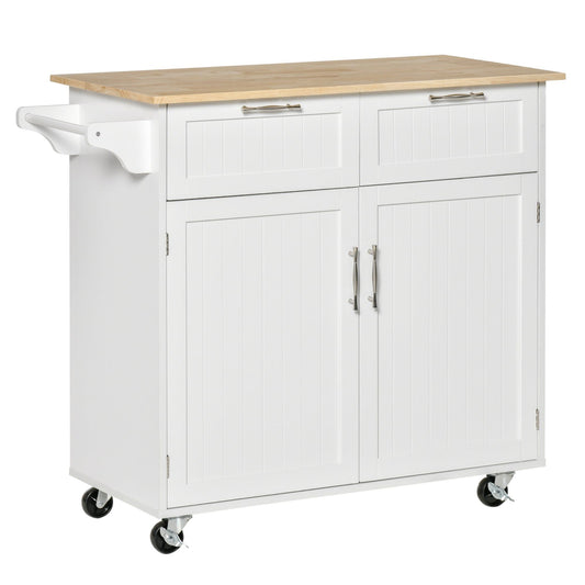 Rolling Kitchen Island with Wood Top and Drawers - White