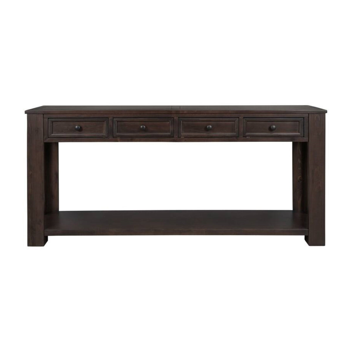 Rustic Chic Console Table with 4 Storage Drawers, Bottom Shelf, Solid Wood Frame, All Tools Included, 63" L x 14" W x 30" H, Dark Brown