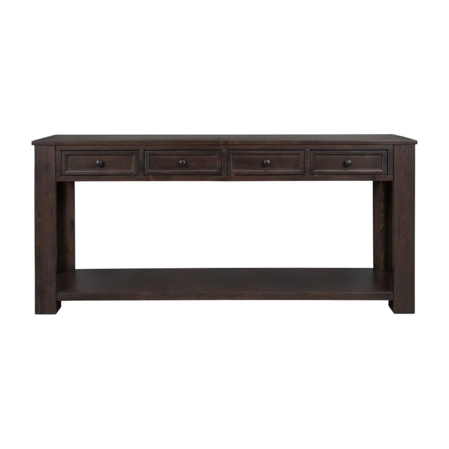 Rustic Chic Console Table with 4 Storage Drawers, Bottom Shelf, Solid Wood Frame, All Tools Included, 63" L x 14" W x 30" H, Dark Brown