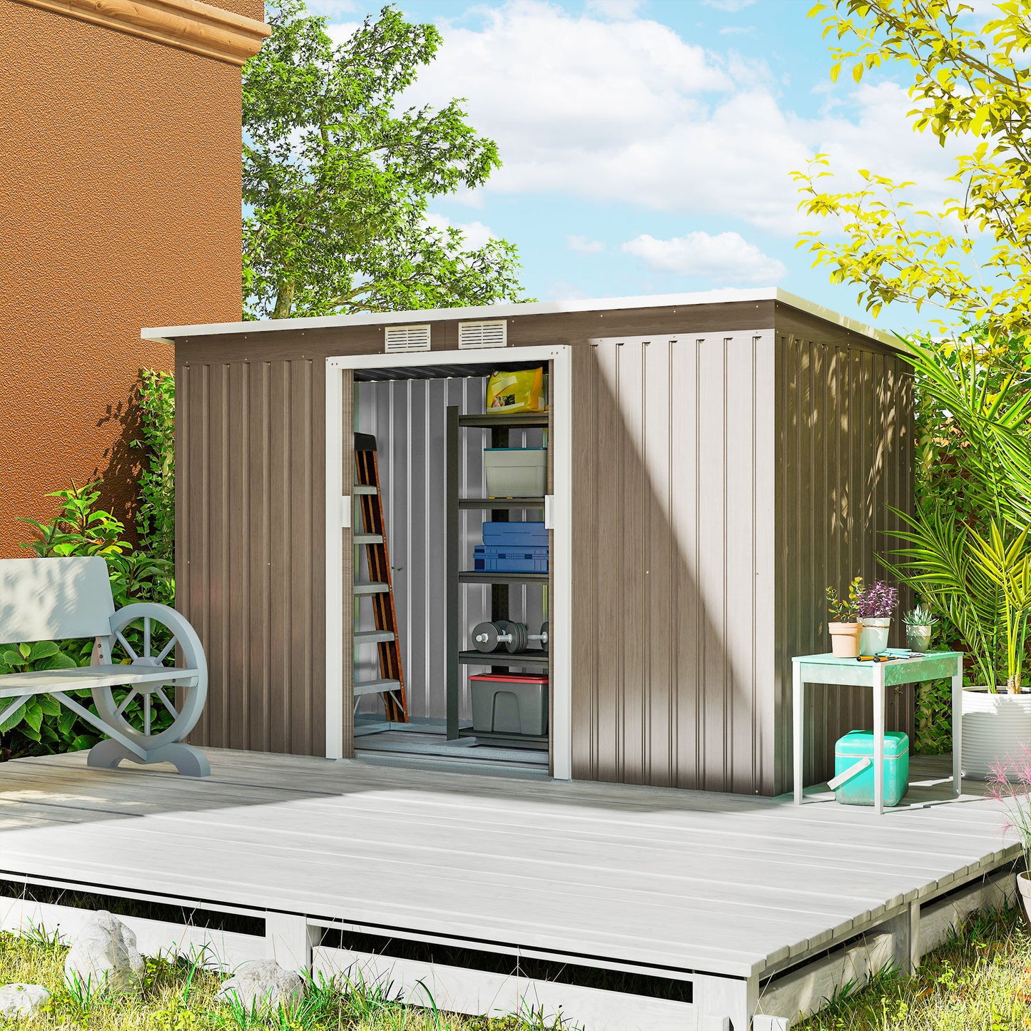9' x 4' Garden Metal Storage Shed Outdoor Equipment Tool Box with Foundation Kit, Ventilation & Doors, Light Grey