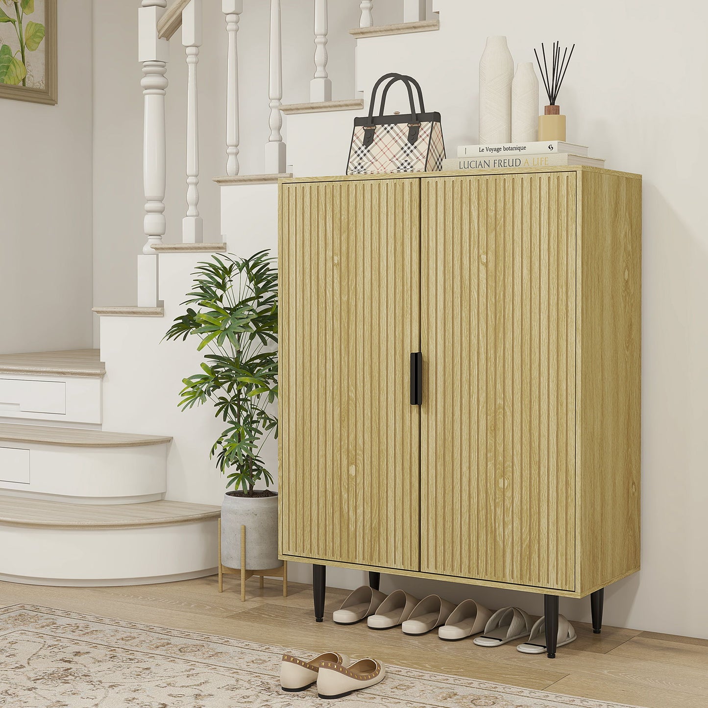 Entryway Shoe Cabinet with 5-Tier Shelving and Adjustable Shelves, 15 Pair Shoe Storage Organizer for Hallway, Oak