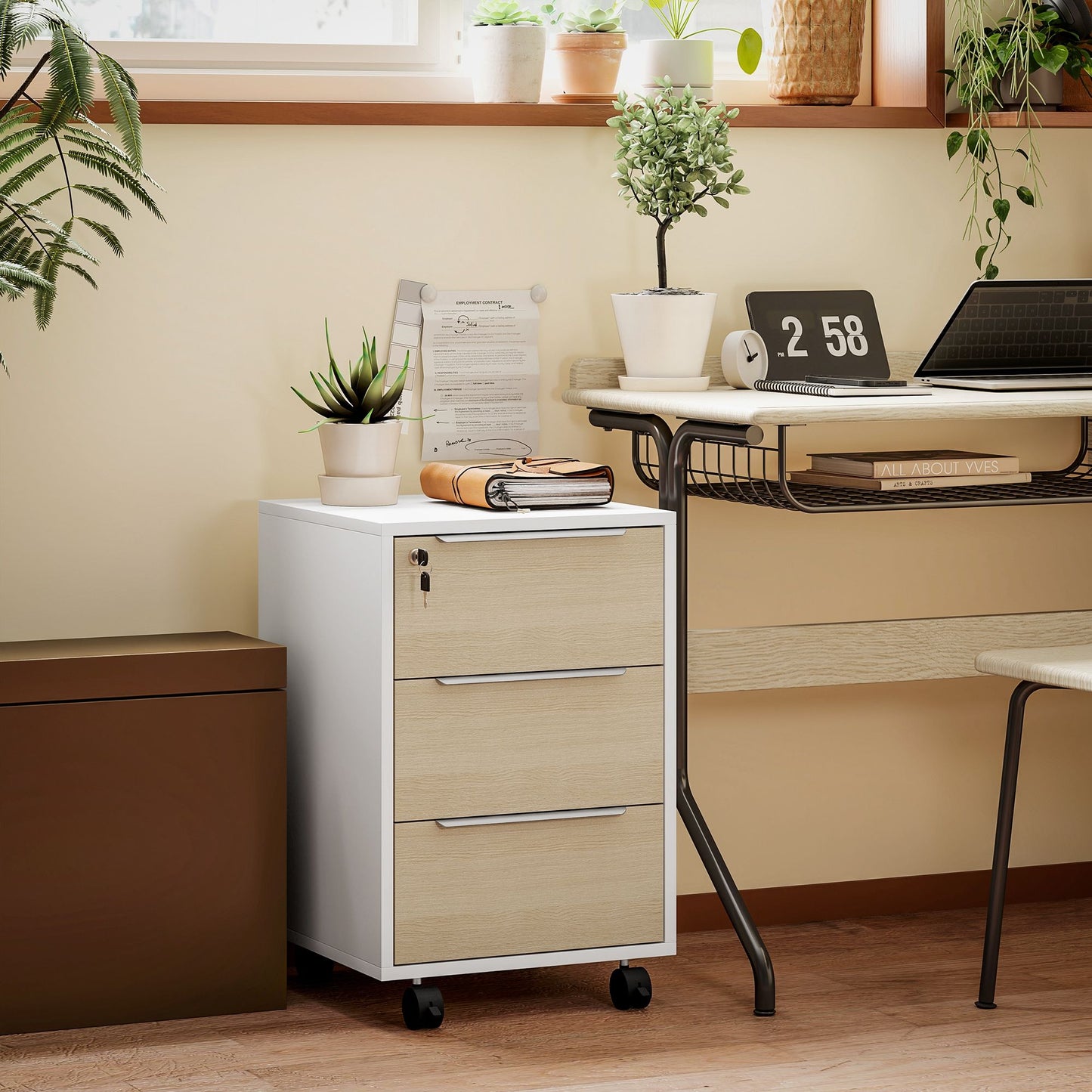 3 Drawer File Cabinet with Wheels, Vertical Filing Cabinet with Lock, Oak