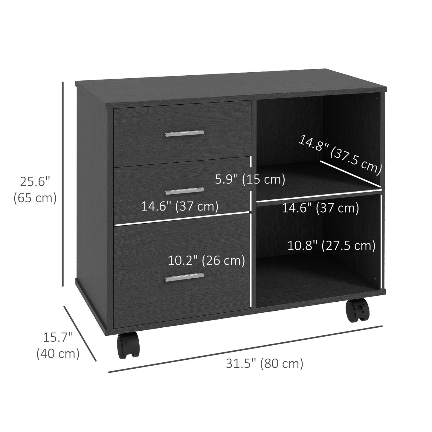 3-Drawer Lateral Filing Cabinet with Wheels - Black