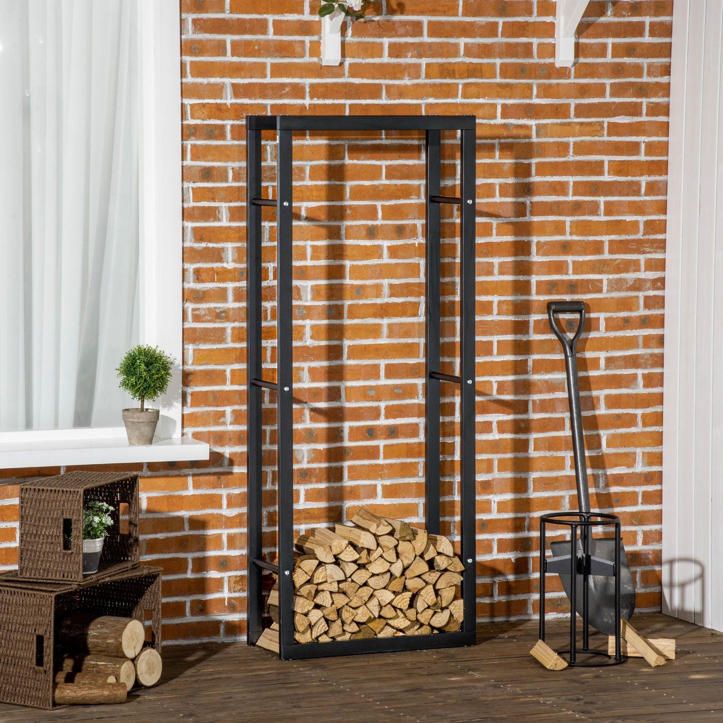 23.6" x 9.8" x 59.1" Firewood Rack Outdoor, Log Holder Fireplace Storage Rack with Handles and 220 lbs. Weight Capacity, Black