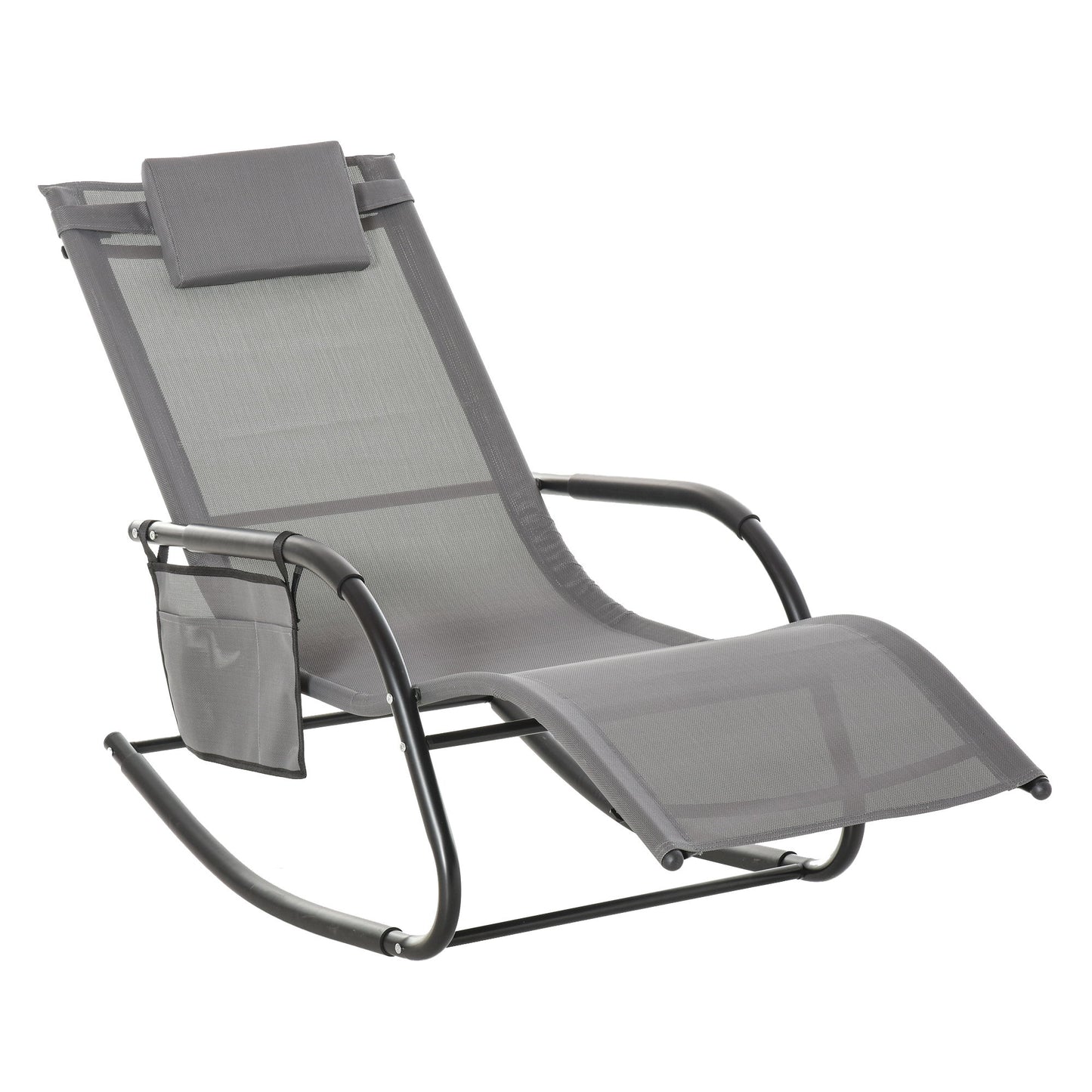 Patio Rocking Chair with Mesh Fabric, Outdoor Rocking Sling Sun Lounger with Removable Headrest and Side Pocket for Garden, Deck, Lawn, Grey